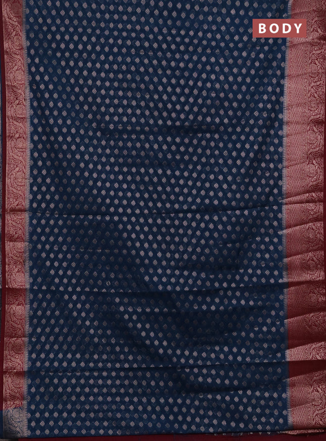 Semi chiniya silk saree peacock blue and wine shade with allover thread & zari woven buttas and woven border