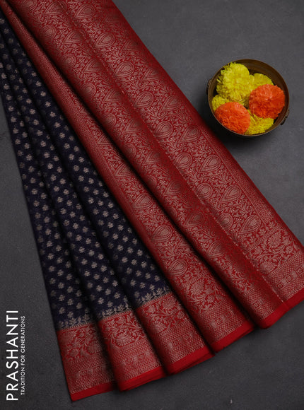 Semi chiniya silk saree navy blue and red with allover thread & zari woven buttas and woven border