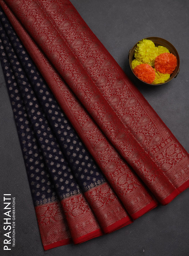 Semi chiniya silk saree navy blue and red with allover thread & zari woven buttas and woven border