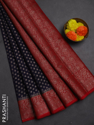 Semi chiniya silk saree navy blue and red with allover thread & zari woven buttas and woven border