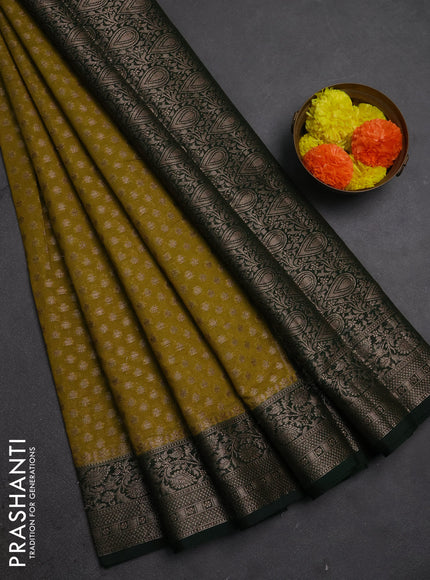 Semi chiniya silk saree mehendi green and bottle green with allover thread & zari woven buttas and woven border