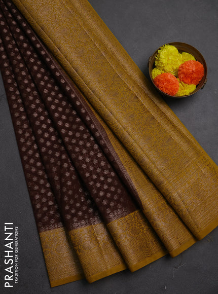 Semi chiniya silk saree coffee brown and dark mustard with allover thread & zari woven buttas and woven border
