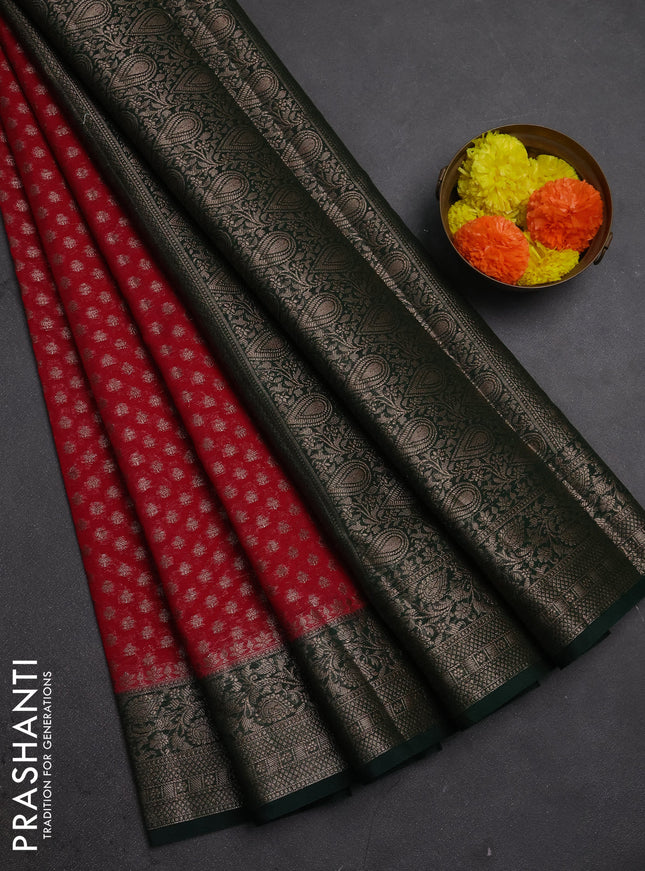Semi chiniya silk saree red and bottle green with allover thread & zari woven buttas and woven border