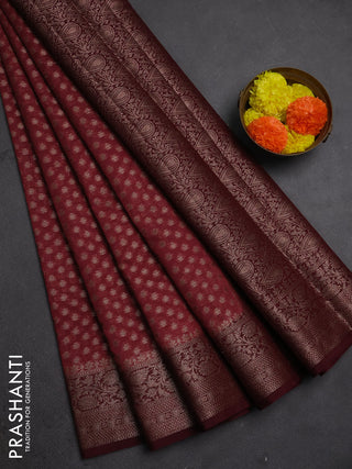 Semi chiniya silk saree dark peach and deep maroon with allover thread & zari woven buttas and woven border