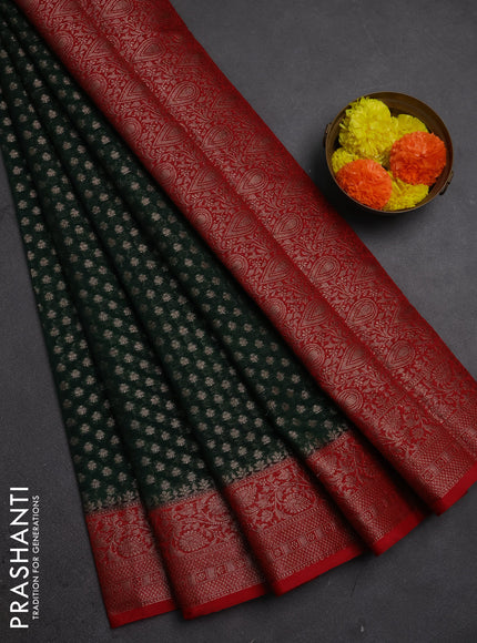 Semi chiniya silk saree bottle green and red with allover thread & zari woven buttas and woven border