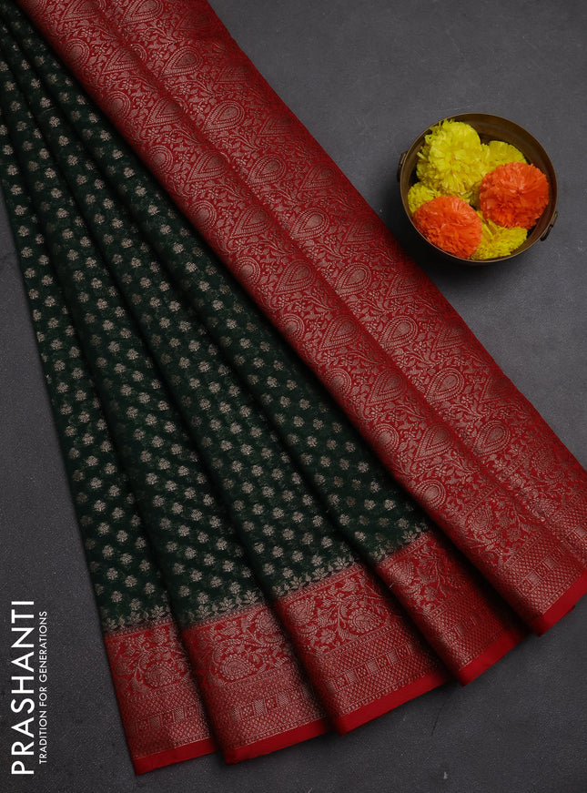 Semi chiniya silk saree bottle green and red with allover thread & zari woven buttas and woven border