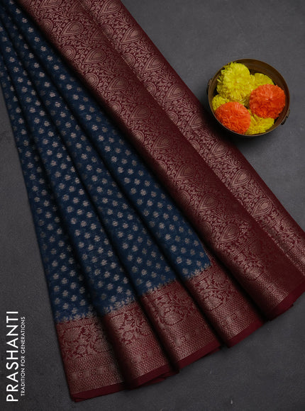 Semi chiniya silk saree peacock blue and wine shade with allover thread & zari woven buttas and woven border