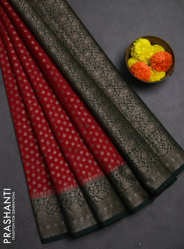 Semi chiniya silk saree red and bottle green with allover thread & zari woven buttas and woven border