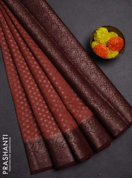 Semi chiniya silk saree dark peach and deep maroon with allover thread & zari woven buttas and woven border