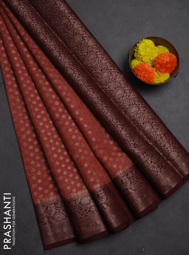 Semi chiniya silk saree dark peach and deep maroon with allover thread & zari woven buttas and woven border