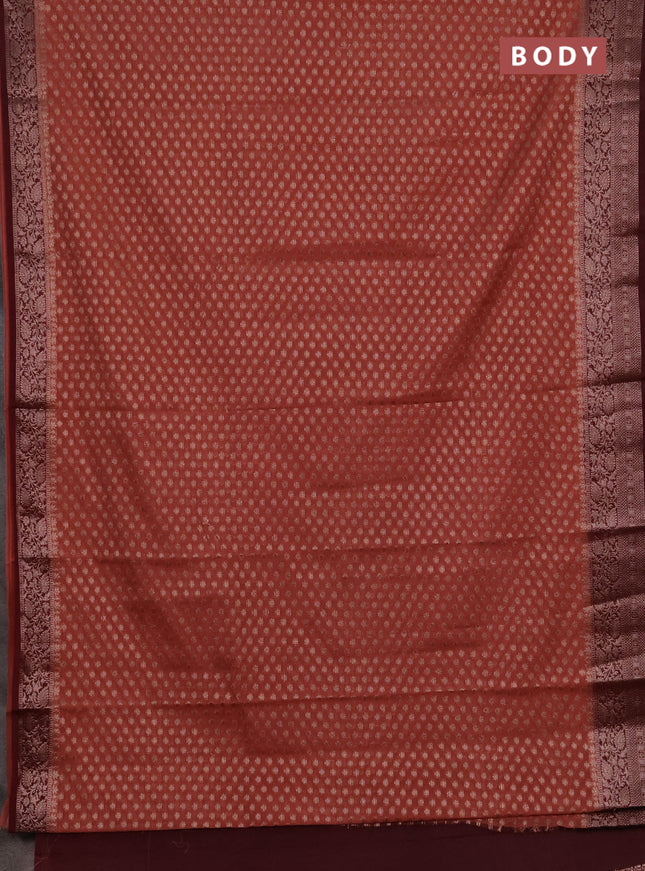 Semi chiniya silk saree dark peach and deep maroon with allover thread & zari woven buttas and woven border