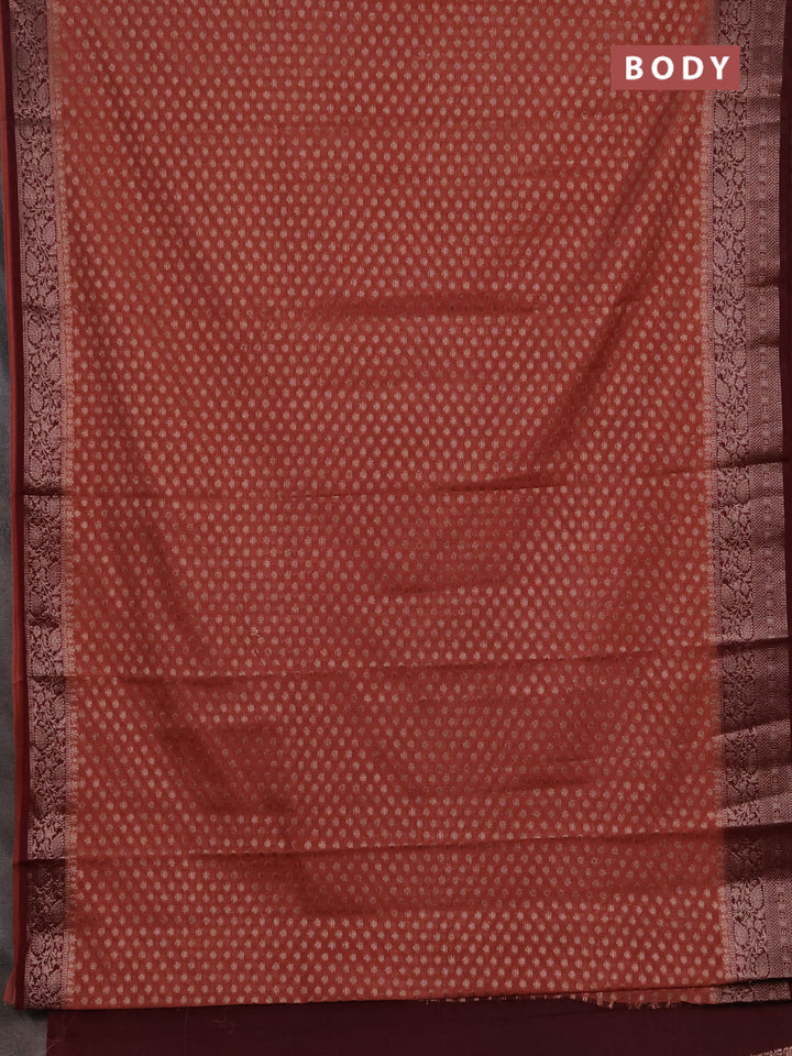 Semi chiniya silk saree dark peach and deep maroon with allover thread & zari woven buttas and woven border