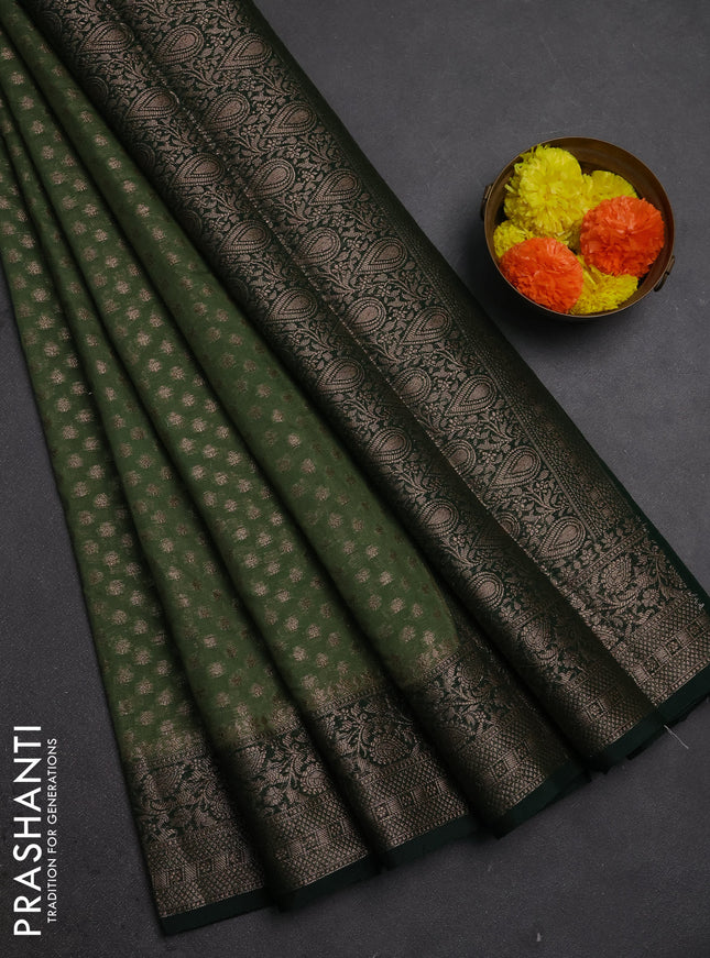 Semi chiniya silk saree pastel green and bottle green with allover thread & zari woven buttas and woven border