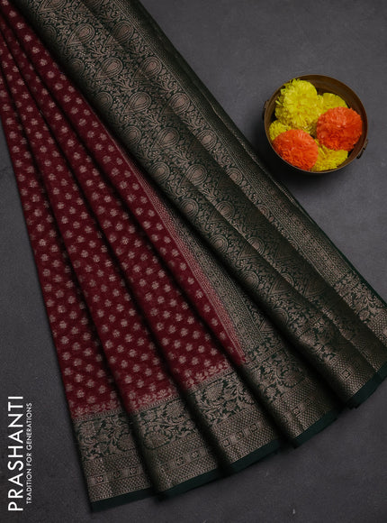 Semi chiniya silk saree wine shade and bottle green with allover thread & zari woven buttas and woven border