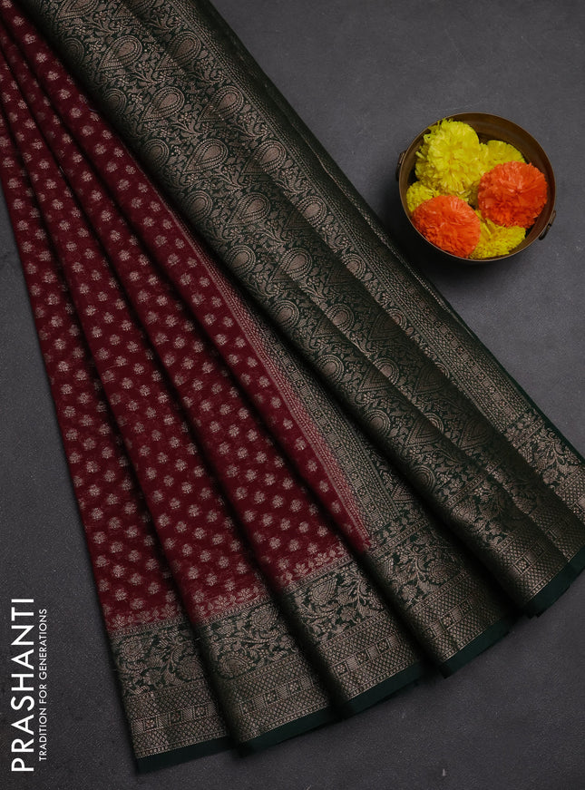 Semi chiniya silk saree wine shade and bottle green with allover thread & zari woven buttas and woven border