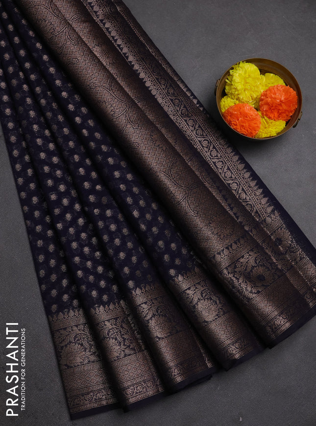 Semi chiniya silk saree navy blue with allover thread & zari woven buttas and woven border