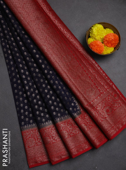 Semi chiniya silk saree navy blue and red with allover thread & zari woven buttas and woven border