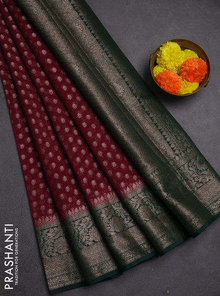 Semi chiniya silk saree wine shade and bottle green with allover thread & zari woven buttas and woven border