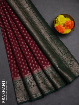 Semi chiniya silk saree wine shade and bottle green with allover thread & zari woven buttas and woven border