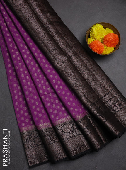 Semi chiniya silk saree dark lavender and black with allover thread & zari woven buttas and woven border