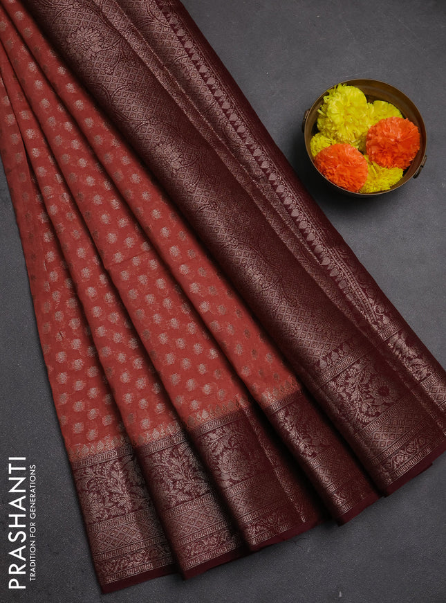 Semi chiniya silk saree dark peach and wine shade with allover thread & zari woven buttas and woven border