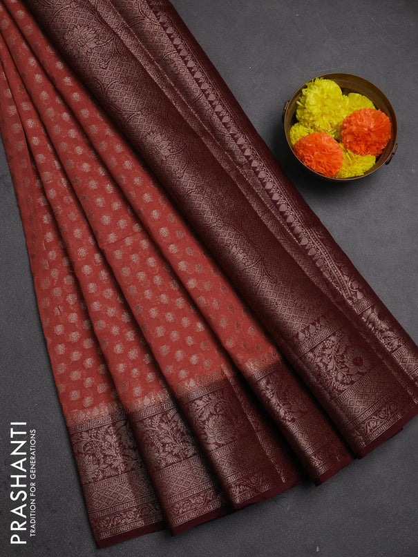 Semi chiniya silk saree dark peach and wine shade with allover thread & zari woven buttas and woven border