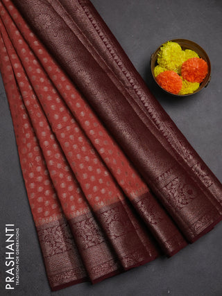 Semi chiniya silk saree dark peach and wine shade with allover thread & zari woven buttas and woven border