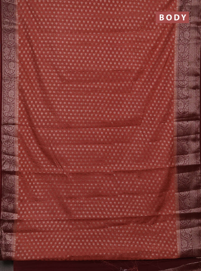 Semi chiniya silk saree dark peach and wine shade with allover thread & zari woven buttas and woven border