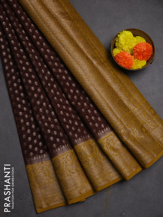 Semi chiniya silk saree coffee brown and dark mustard with allover thread & zari woven buttas and woven border