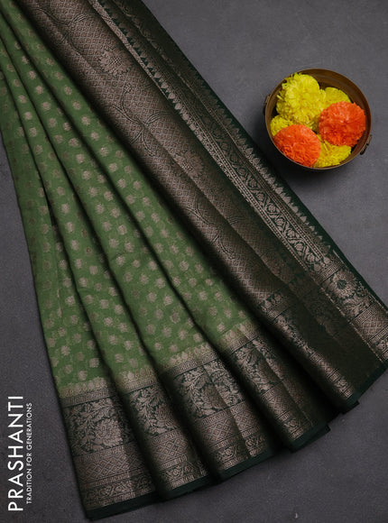Semi chiniya silk saree pastel green and bottle green with allover thread & zari woven buttas and woven border