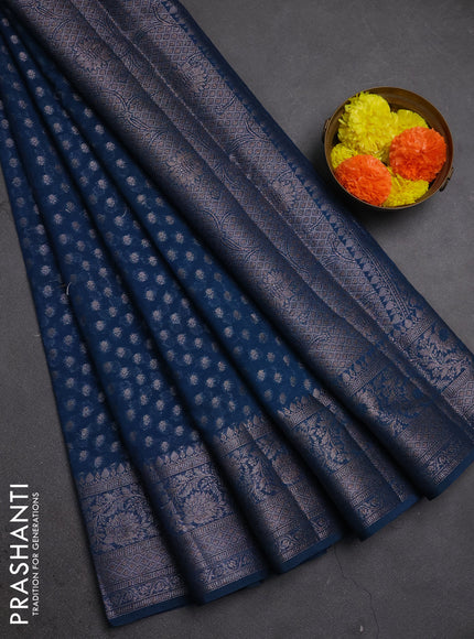 Semi chiniya silk saree peacock blue with allover thread & zari woven buttas and woven border