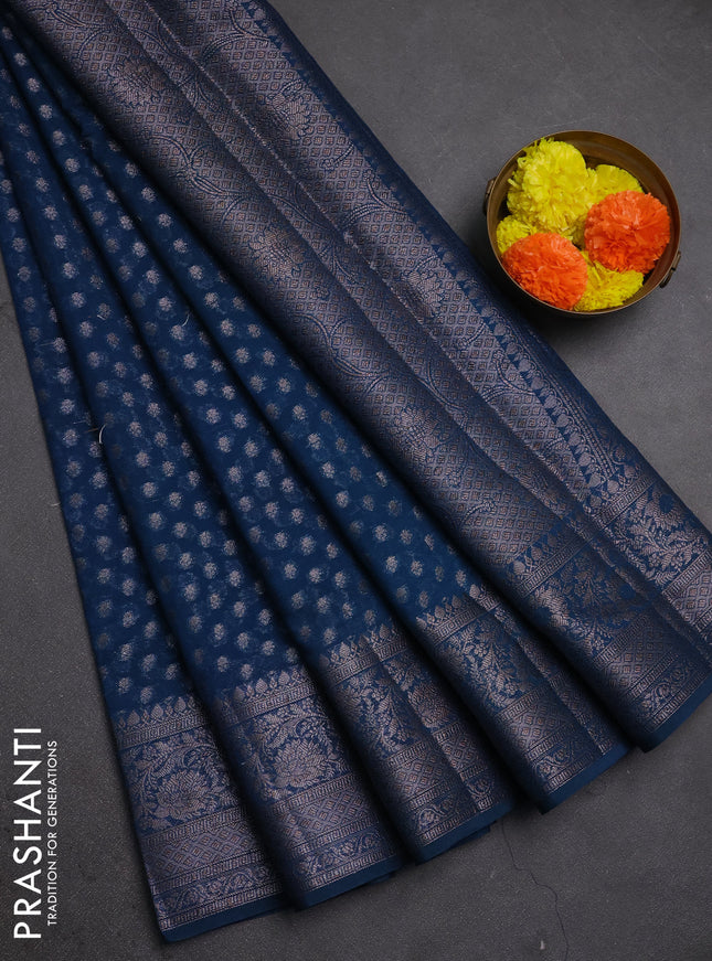 Semi chiniya silk saree peacock blue with allover thread & zari woven buttas and woven border
