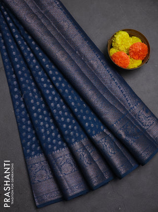 Semi chiniya silk saree peacock blue with allover thread & zari woven buttas and woven border