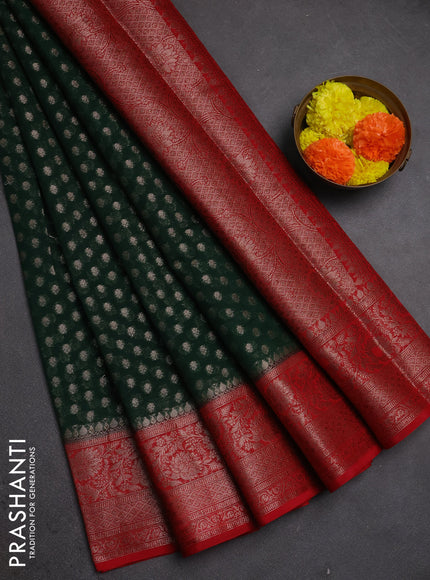 Semi chiniya silk saree bottle green and red with allover thread & zari woven buttas and woven border