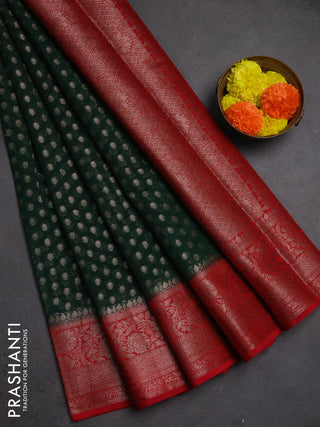 Semi chiniya silk saree bottle green and red with allover thread & zari woven buttas and woven border