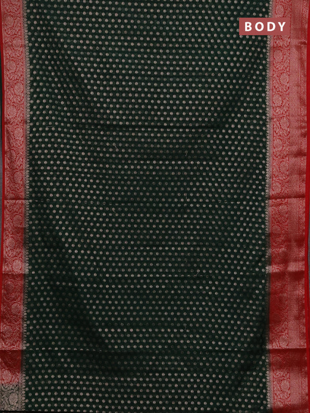 Semi chiniya silk saree bottle green and red with allover thread & zari woven buttas and woven border