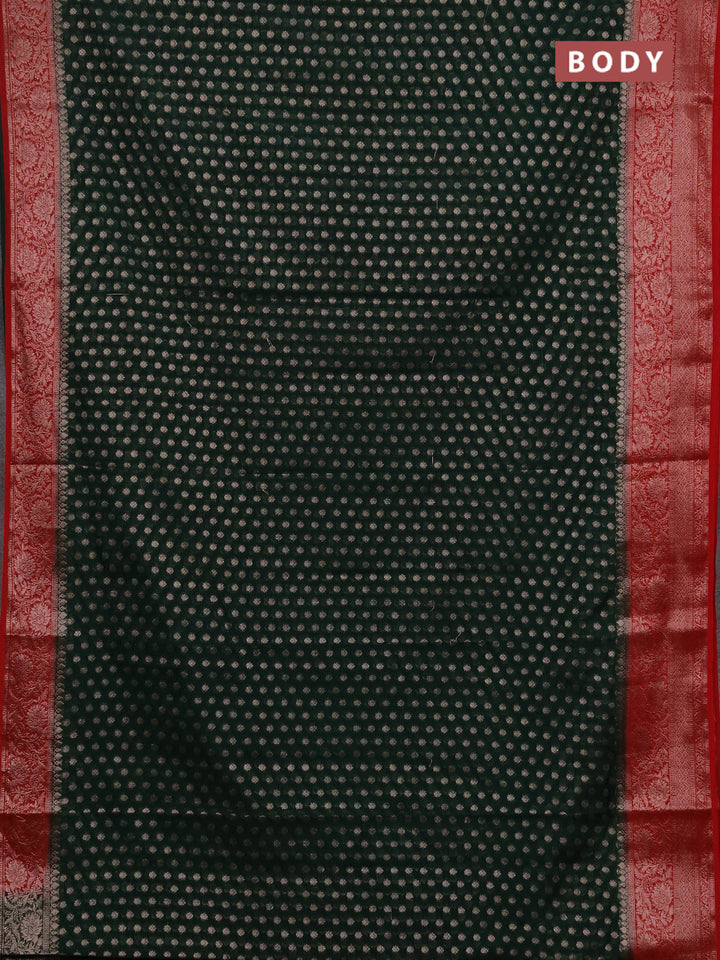 Semi chiniya silk saree bottle green and red with allover thread & zari woven buttas and woven border