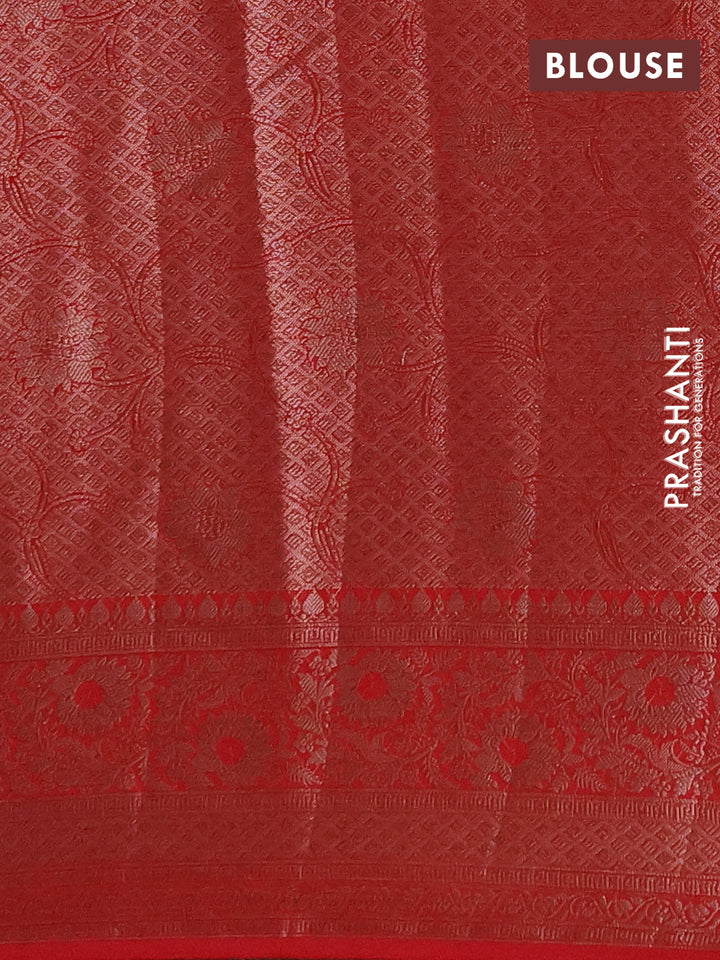 Semi chiniya silk saree bottle green and red with allover thread & zari woven buttas and woven border