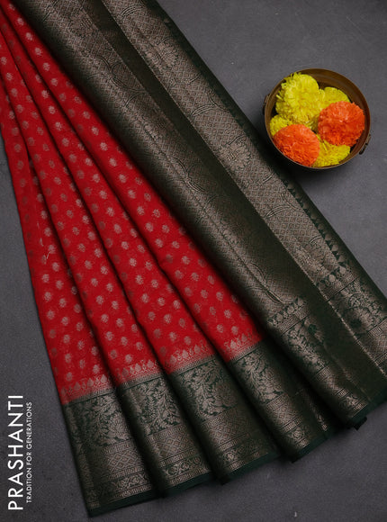 Semi chiniya silk saree red and bottle green with allover thread & zari woven buttas and woven border