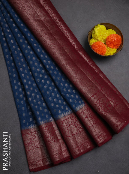 Semi chiniya silk saree peacock blue and wine shade with allover thread & zari woven buttas and woven border