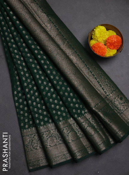 Semi chiniya silk saree dark green with allover thread & zari woven buttas and woven border