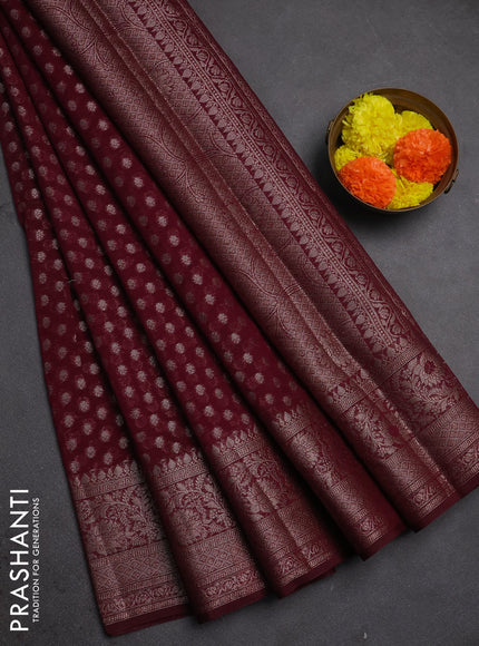 Semi chiniya silk saree wine shade with allover thread & zari woven buttas and woven border
