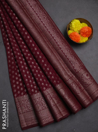 Semi chiniya silk saree wine shade with allover thread & zari woven buttas and woven border