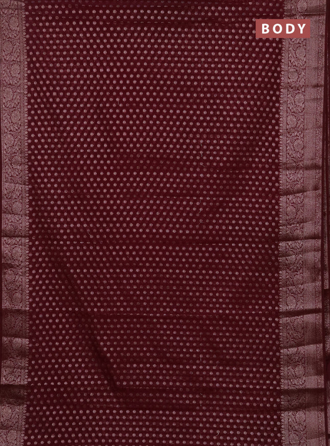 Semi chiniya silk saree wine shade with allover thread & zari woven buttas and woven border