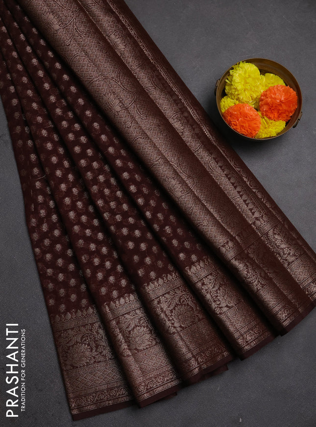 Semi chiniya silk saree coffee brown with allover thread & zari woven buttas and woven border