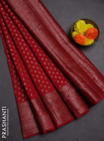 Semi chiniya silk saree red with allover thread & zari woven buttas and woven border