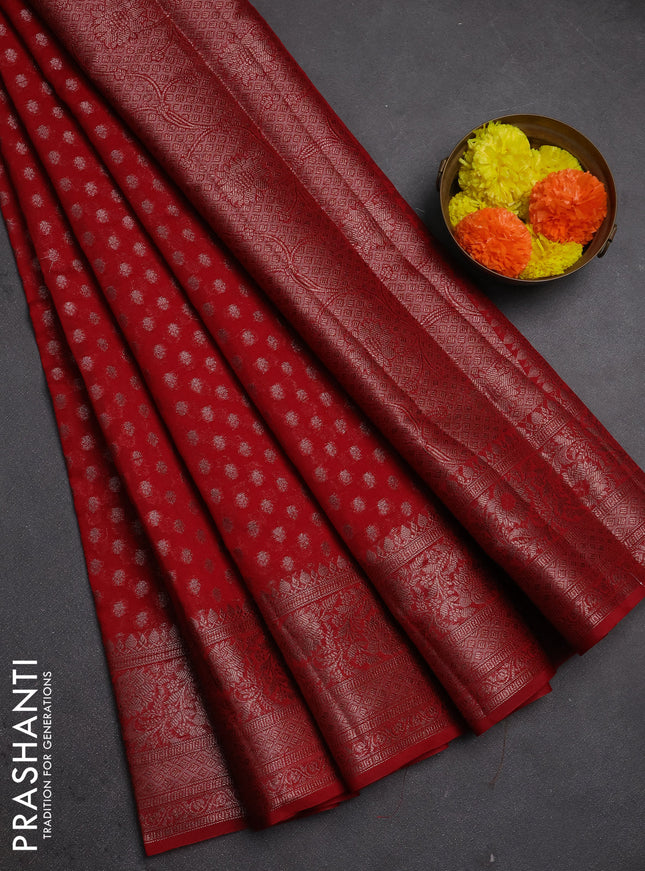 Semi chiniya silk saree red with allover thread & zari woven buttas and woven border