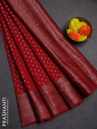 Semi chiniya silk saree red with allover thread & zari woven buttas and woven border