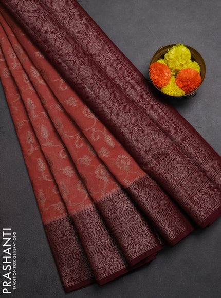 Semi chiniya silk saree dark peach and wine shade with allover thread & zari weaves and long woven border