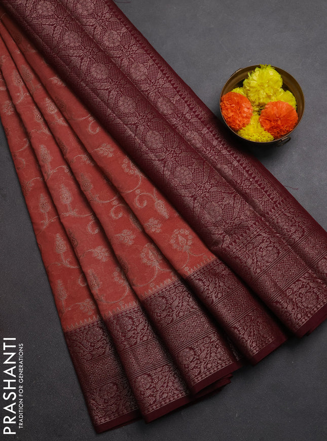 Semi chiniya silk saree dark peach and wine shade with allover thread & zari weaves and long woven border